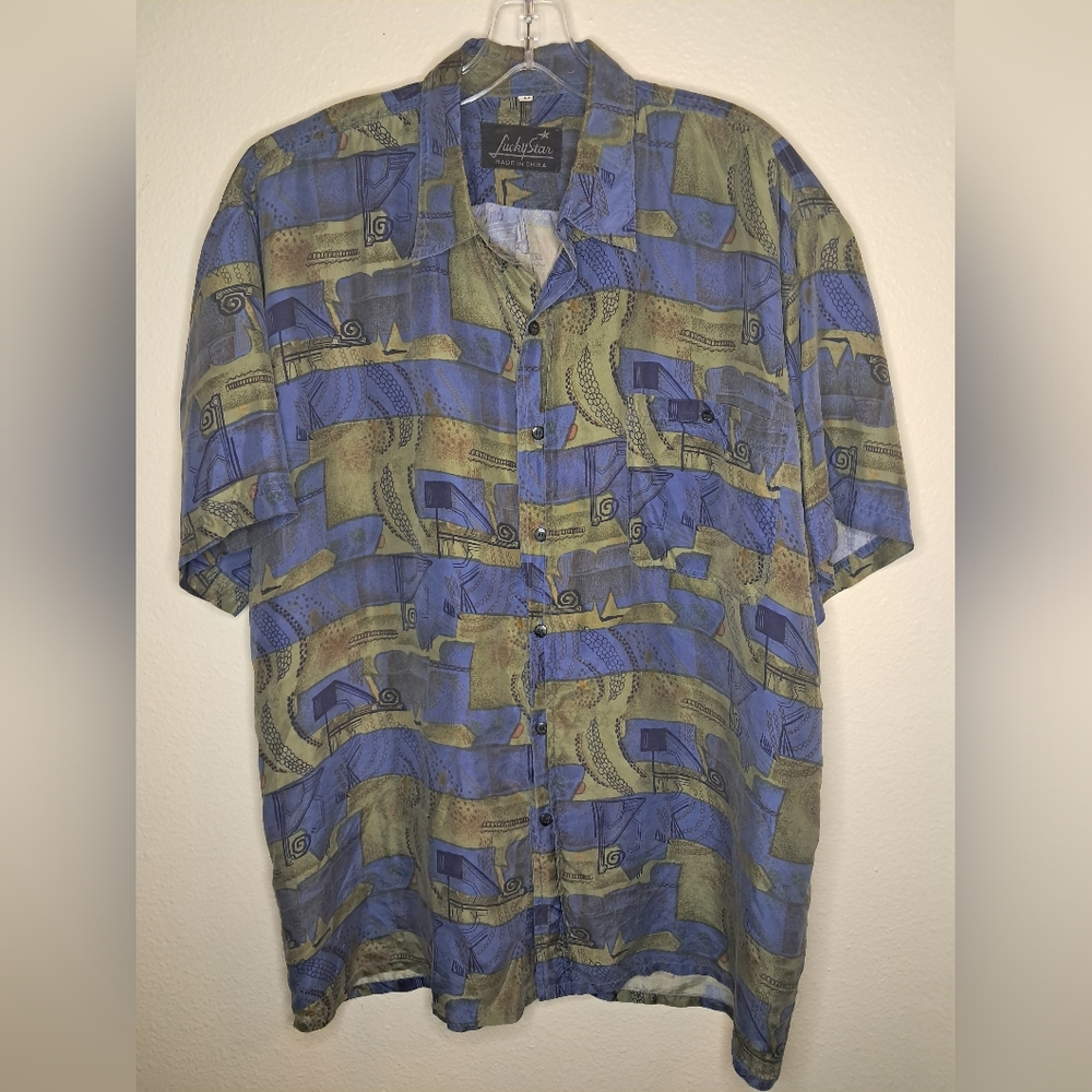 Vintage 100% Silk Abstract Patterned Button-Up Shirt